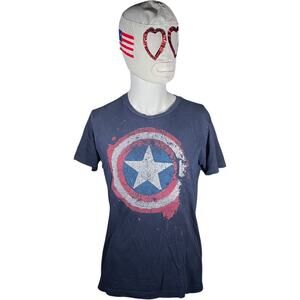 Marvel L Captain America Distressed Graphic Tee Navy Blue Retro Comic Shirt